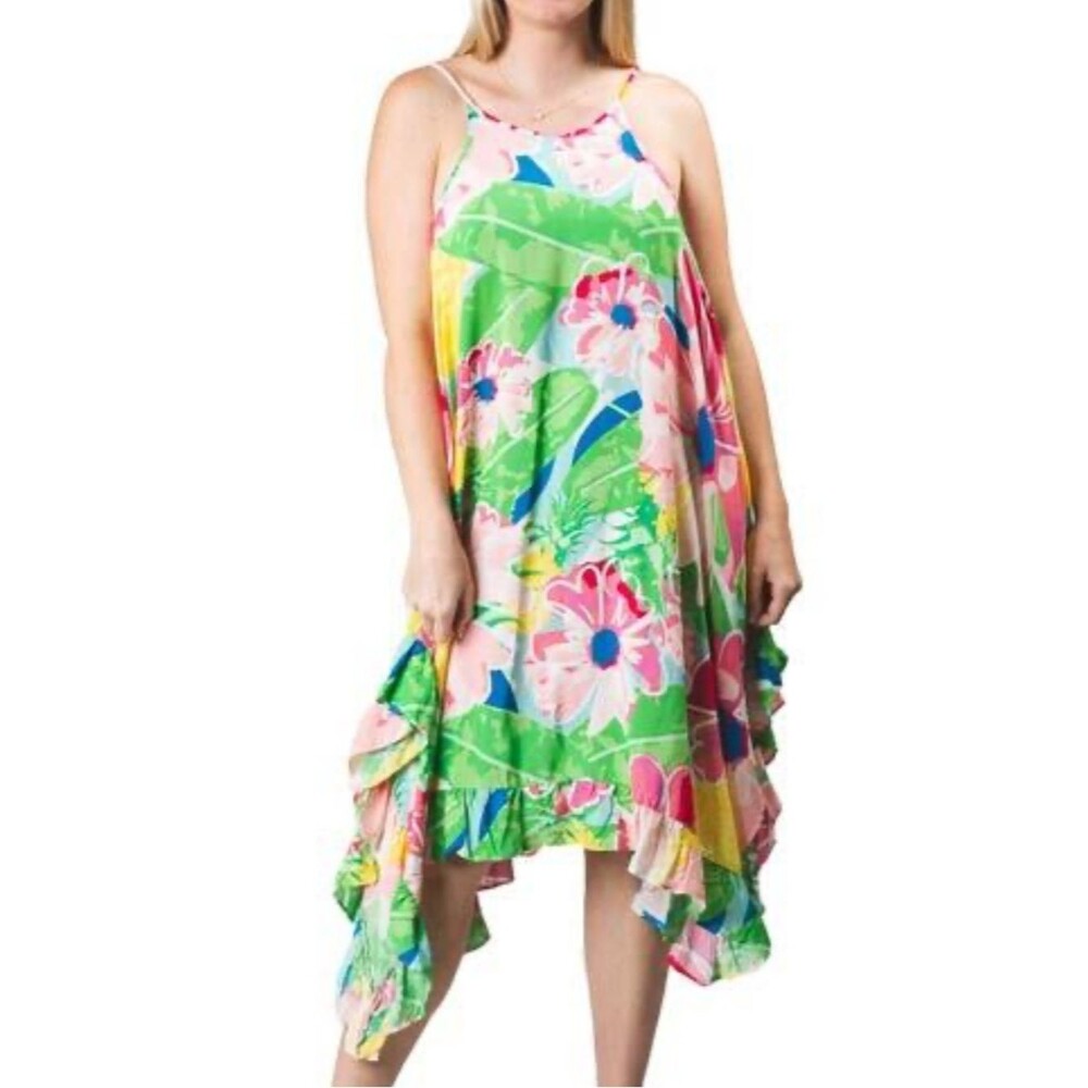 Top it off Floral asymmetrical swing flowy colorful Sundress in Pink & Green